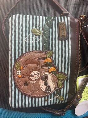 Chala Brown, Green & Light Blue Striped Sloth Crossbody Bag